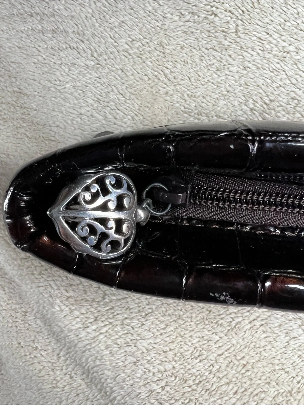 Brighton Brown Croc Embossed Patent Cosmetic Pouch Makeup Bag Leather Trim